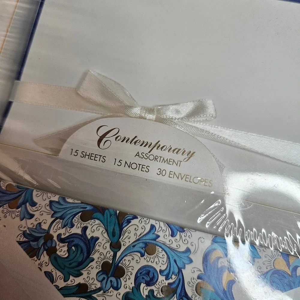 Contemporary Assortment Stationery Set 60pc Floral Box Blue Damask Envelopes NEW